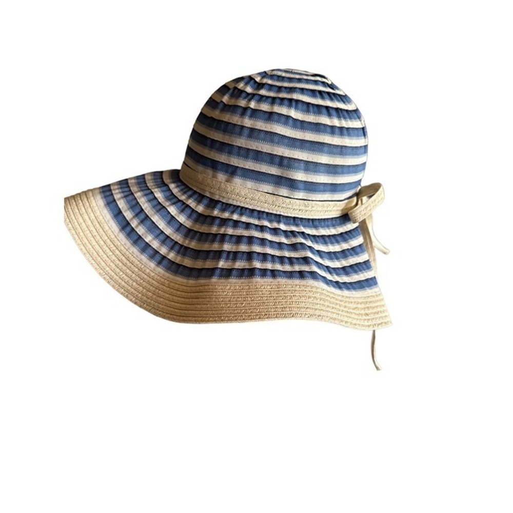 Tahari Beige Blue Striped Packable Sun Hat One Size